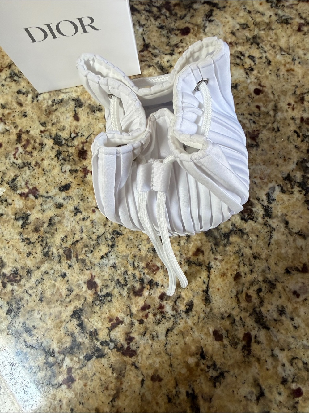 Dior Pleated Drawstring Beauty Pouch White Travel Jewelry Bag w/ Box NIB - Picture 3 of 3
